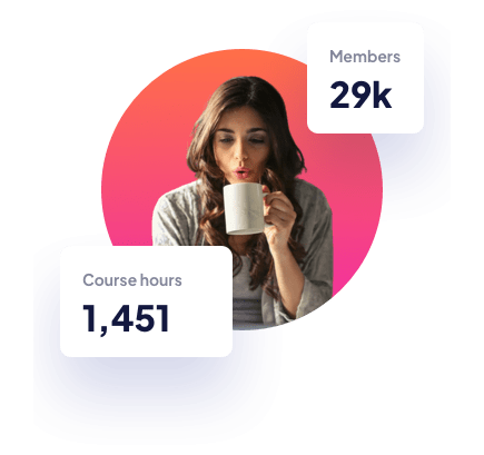 Image of a woman sipping coffee, with overlayed statistics: 
        'Course hours 1,451' and 'Members 29k', displayed in a modern, colorful design.